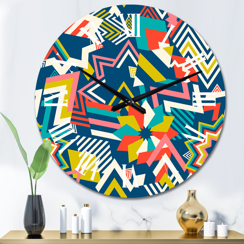 Multicolore éléments géométriques rétro I - horloge murale à motifs, Surdimensionné