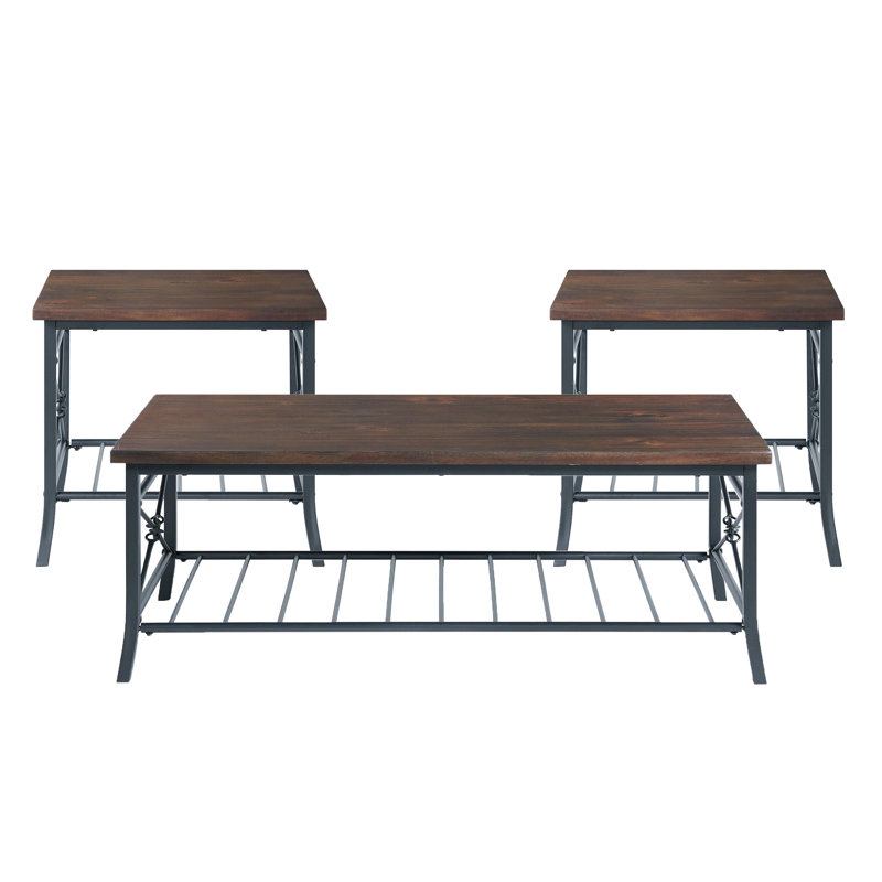 Ensemble de table de salon en bois 3 pièces avec base en métal Kamari, Brun