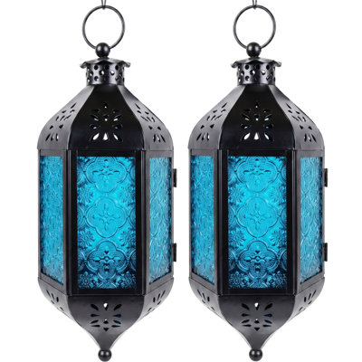 Hanging Moroccan Decorative Candle Lantern with Chain for Outdoor Patio or Porch (Set of 2)