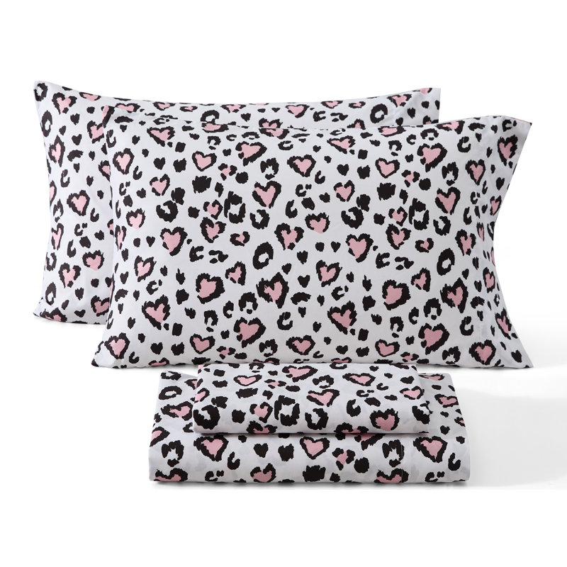 HLC.ME Cheetah Heart Printed Kids Bed Sheets - 3 Piece Patterned Bed Sheet Set - Wrinkle Resistant & Soft - Fits Mattresses Up To 15 Inches Deep - Twin