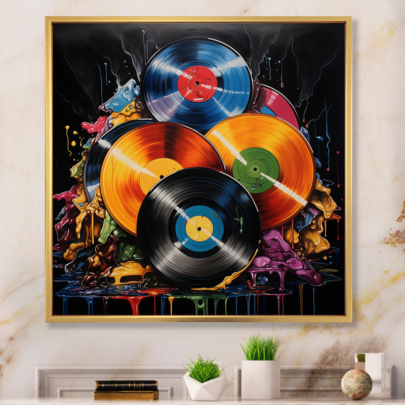 Coloré disques vinyle Melody I - Art mural disques vinyle, H 30 po x l 30 po x P 1 po, Cadre flottant doré