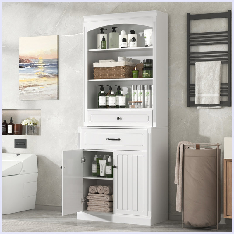 Bathroom Storage Cabinet with Two Doors, Drawers, Adjustable Shelf & Three Open Shelves