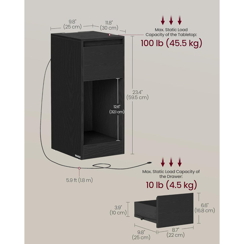 25cm W Particle Board Bedside Table, Black