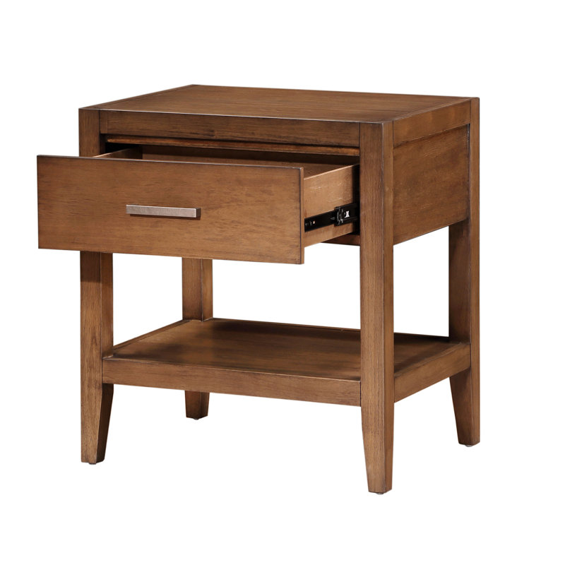 Table de chevet transitionnelle 1pc avec tiroir et tablette ouverte brun clair