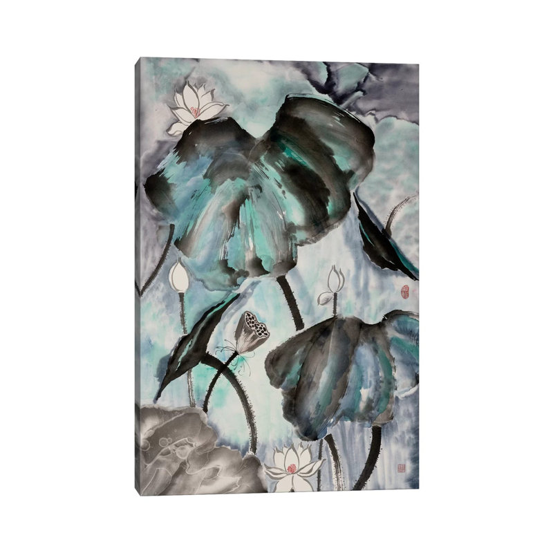 Lotus Study With Blue Green II by Nan Rae - Wrapped Canvas Painting, 20.32 cm H x 30.48 cm W