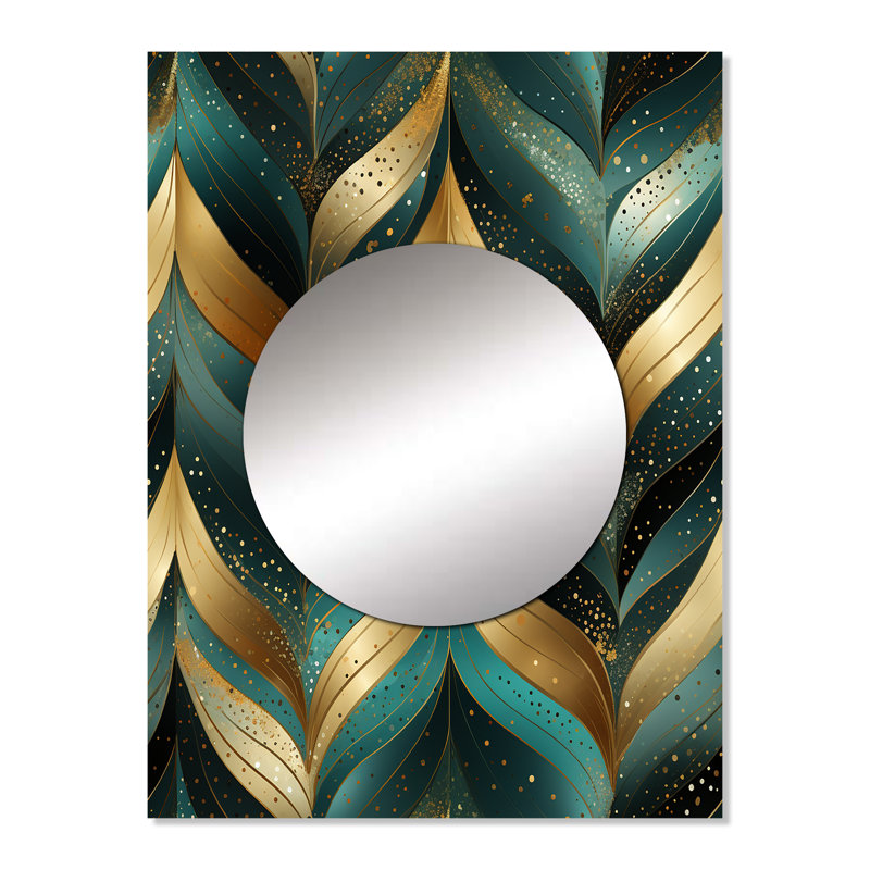 Ahyuini Gold And Green Gilded Chevron Reverie - marble  Unique Wall Mirror, Modern Mirror, Printed Metal Art, 32" x 24"