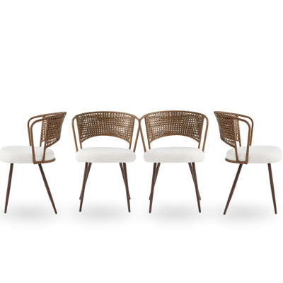Set of 4 Brown Wicker Dining Chairs with Cushioned Seats