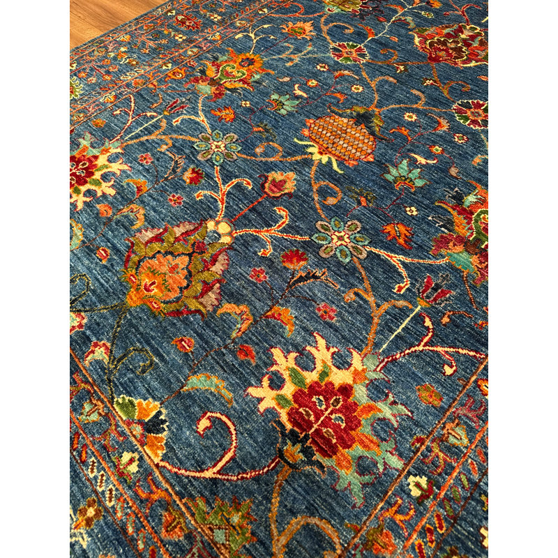 Tapis bleu original en laine et coton noué à la main
