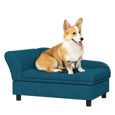 Canapé-lit surélevé PawHut pour animaux de compagnie avec rangement dissimulé et coussin rembourré, pour chiens de petite et moyenne taille, bleu foncé