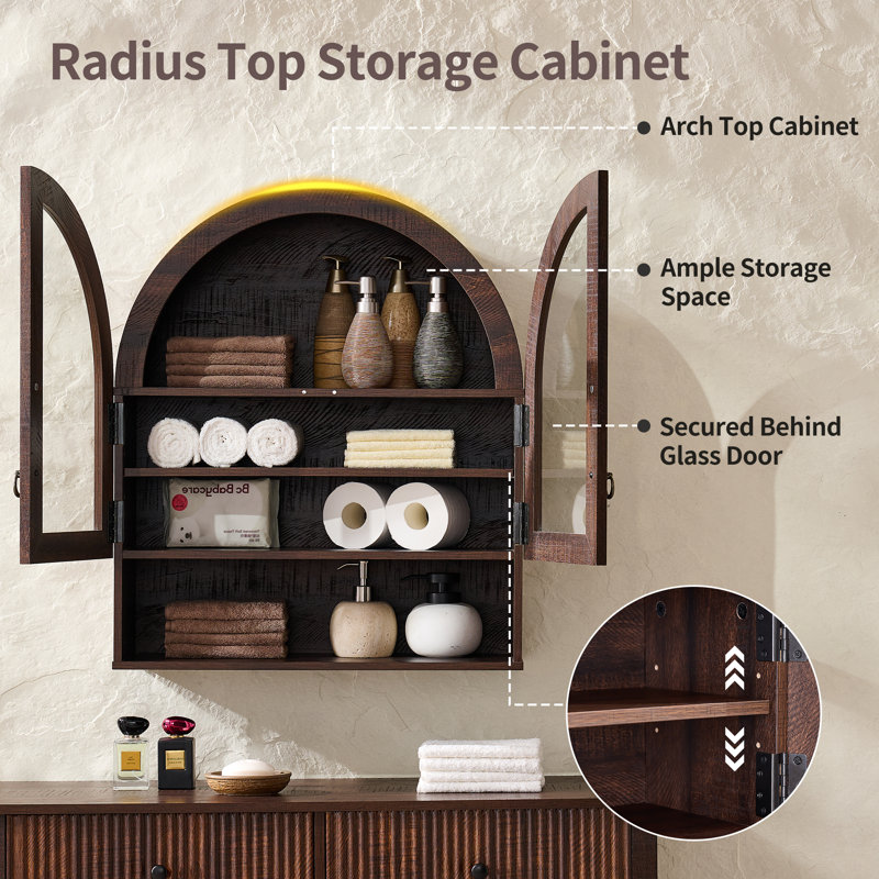 23.62'' Wide Arched Bathroom Wall Cabinet with Adjustable Shelves & Acrylic Glass Doors (Set of 2), Over The Toilet Storage Wall Mount Cabinet for Laundry Room,Kitchen & Living Room
