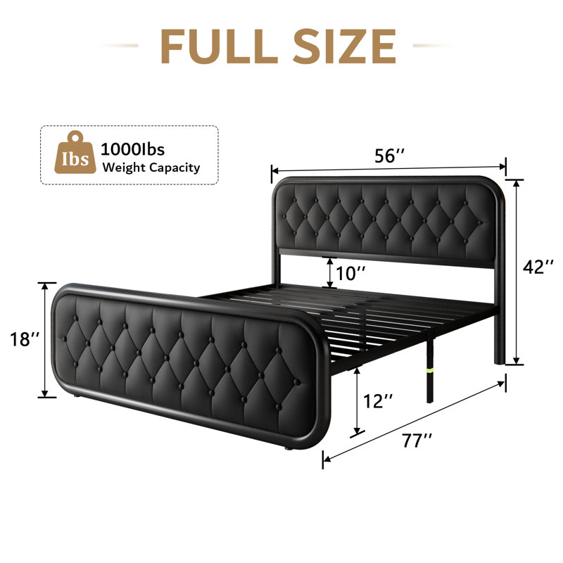 Structure de lit double en métal avec tête de lit en cuir, structure de lit plateforme robuste, support de lattes en acier plus épais, espace sous le lit de 12 po, noir
