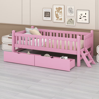 Lit plateforme en bois avec garde-corps et 2 tiroirs, structure de lit pour enfant avec escalier