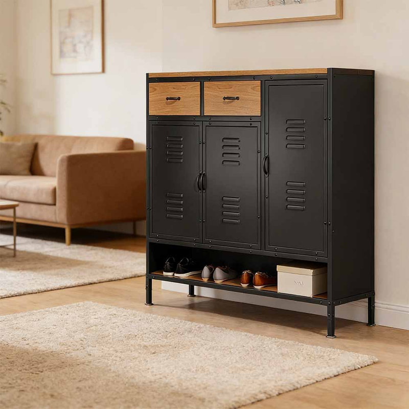 American industrial style shoe cabinet, 42.52" H x 47.24" W x 12.99" D, Black