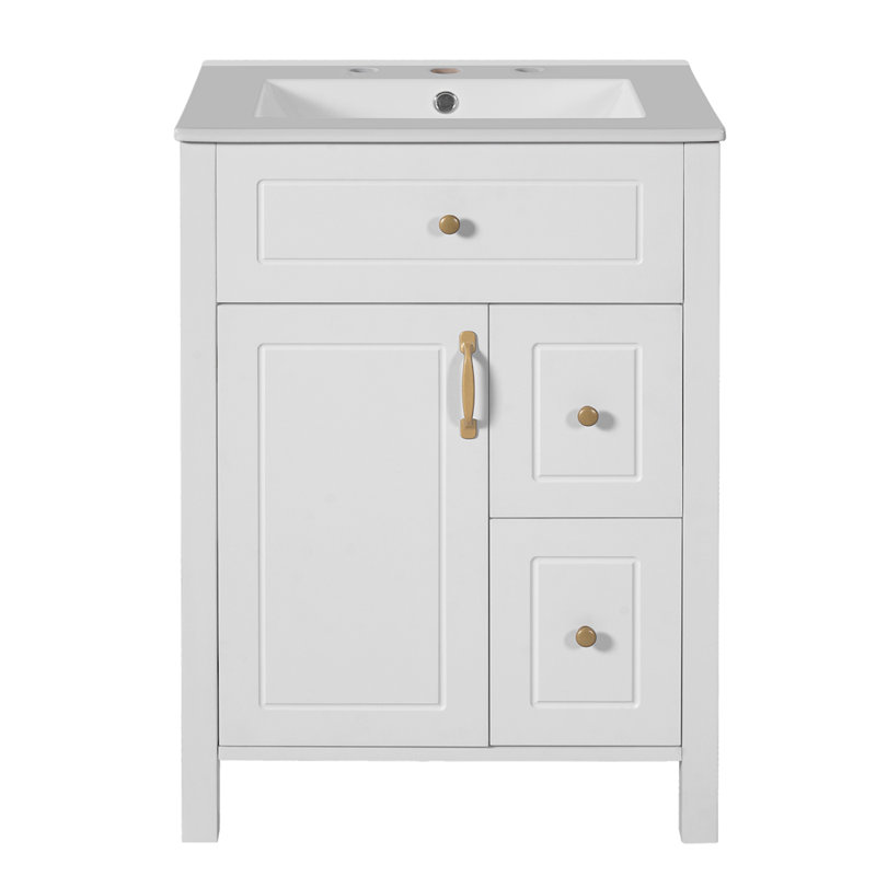 Meuble-lavabo de 24 pouces avec lavabo en céramique, 1 porte à fermeture en douceur, 2 tiroirs à fermeture en douceur et 2 supports de rangement