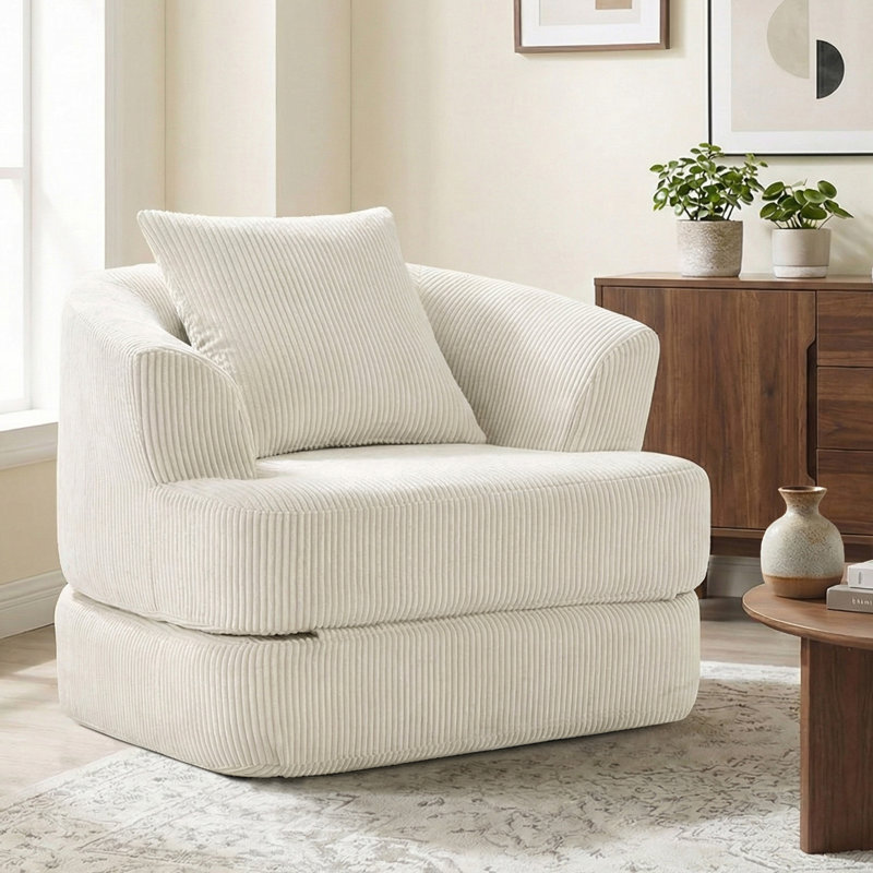 Fauteuil demi-tonneau d'appoint convertible surdimensionné rembourré, Velours côtelé beige