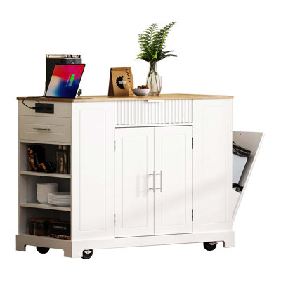 Fluted Rubber Wood Kitchen Island With Concealed Tilt-Out Trash Can, Built-In Power Outlets, Adjustable Internal Shelves, And 5 Silent Locking Wheels For Flexible Food Prep And Storage.