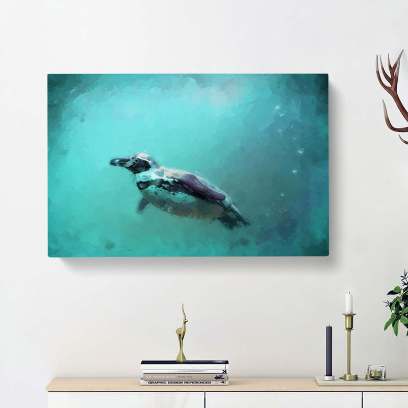 Solo Swimming Penguin In Abstract - Wrapped Canvas, 40cm H x 60cm W x 3cm D