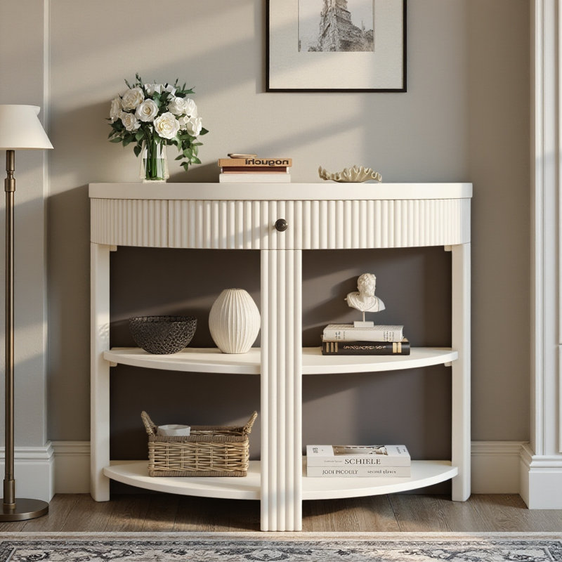 Console demi-lune cannelée TREXM avec tiroir et 2 tablettes, table d'appoint pour entrée ou couloir, crème