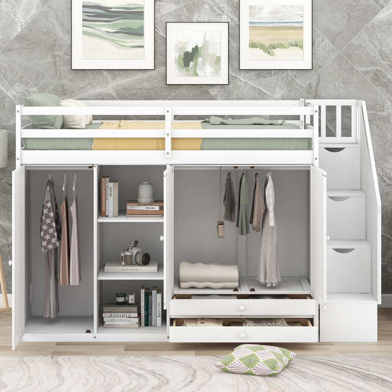 Lit de rangement avec 3 tablettes, 2 armoires et 2 tiroirs, Blanc