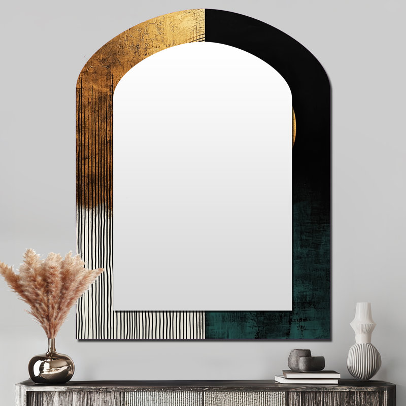 Golden Dark Moon Boundless Reverie - Geometric Arch Decorative Mirror, Modern Asymmetrical Wall Mirror, Printed Metal Art