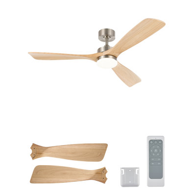Ventilateur de plafond moderne de 132 cm (52 ​​po) en bois massif avec fini nickel satiné, éclairage DEL à intensité variable et télécommande