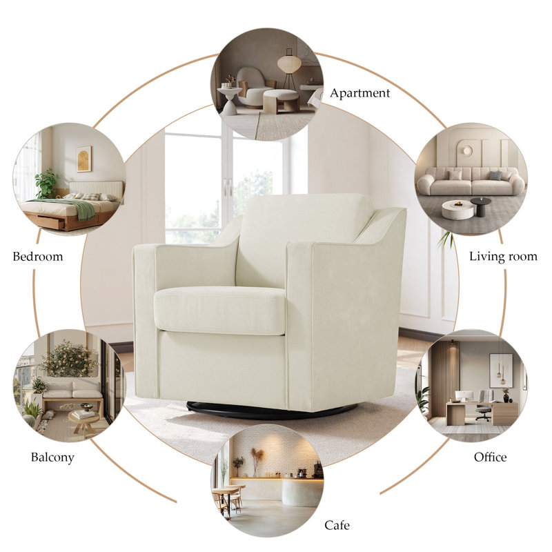 Bronnen Big And Wide Upholstered Cushion Swivel Armchair with Removable Back and Seat Cushion, Beige Chenille, Chenille