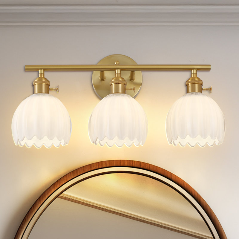 3 - Light Dimmable Bathroom Vanity Light With White Glass Shades, Brushed Brass, 9.17" H x 18.8" W x 6.8" D, 3 Lights