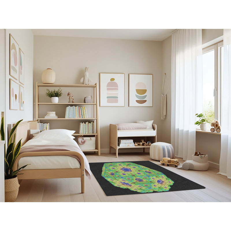 Tapis vert/bleu/noir de zone à motifs, Rectangle 4 pi x 6 pi