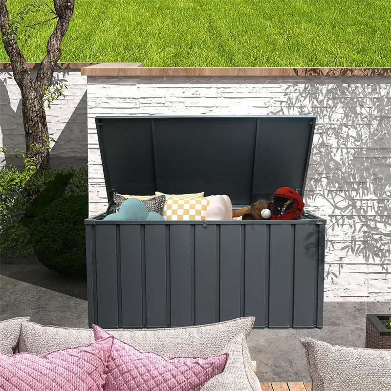 100-Gallon Waterproof Outdoor Storage Deck Box With Lockable Lid, Heavy-Duty Galvanized Steel Construction, Sloped Roof, And Multi-Use Seating Function.