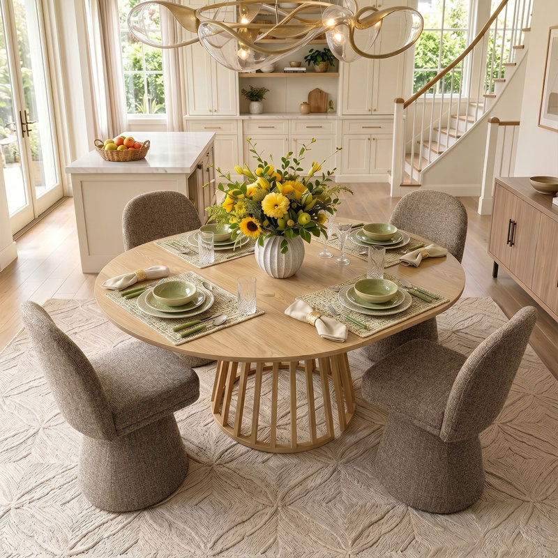 4- Person Dining Table Sets With Extendabe Oval Table & 4 Upholstered Tweed Swivel Chairs, Brown