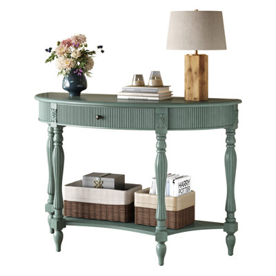 Solid Wood Half Moon Console Table with Drawer & Shelf, Fluted Vintage Curved Entryway Table for Hallway Living Room Foyer, Narrow Space Sofa Table with Roman Column Carved Legs