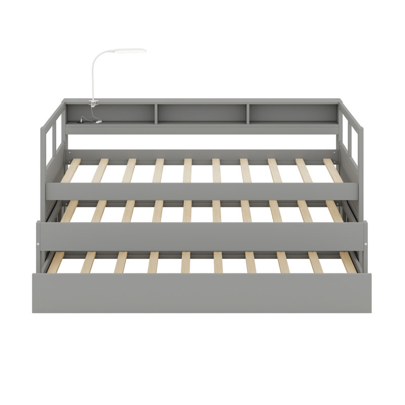 Wood Daybed With 2 Trundles, Storage Shelves, 1 Light For Free And USB Charging Design, Gray