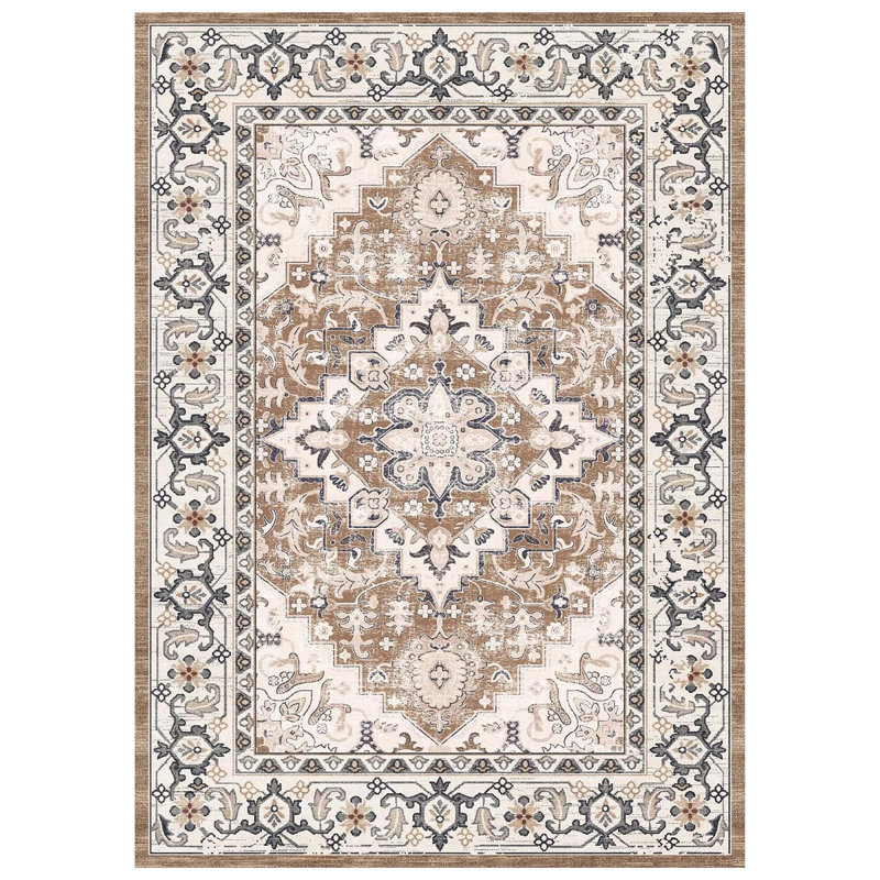 5x7 Washable Area Rug Soft Non-Slip Low Pile Faux Wool Vintage Boho Medallion Pattern for Living Room Bedroom Office Dining Room Kitchen Easy Clean Machine Washable Stain Resistant Indoor Carpet