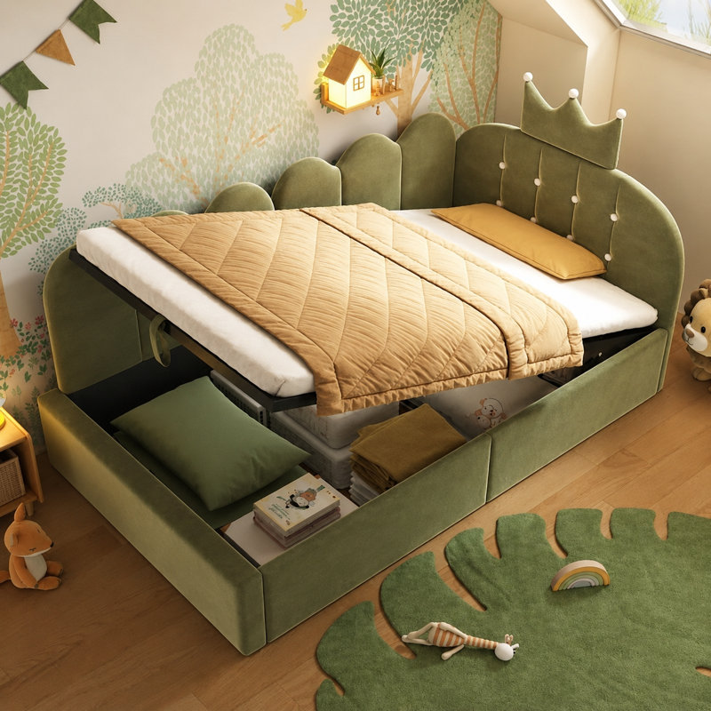 Upholstered Single (3') Velvet Lift Up Storage Ottoman Bed, Green