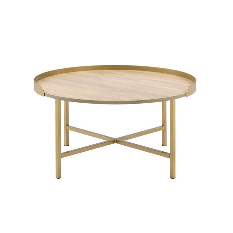 Table basse à plateau rond en chêne et or