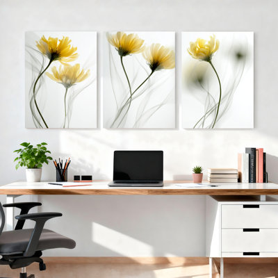 Yellow Daisy Floral Art Canvas Wrapped Wall Art Set of 3 Modern Abstract Style for Living Room Bedroom Home Decor