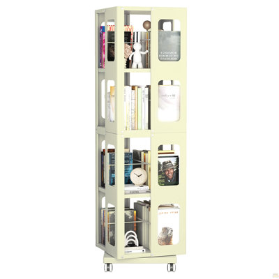4-Tier All-Steel Rotating Bookshelf with 360° Wheels, Large Size Sturdy & Spacious Book Rack, New Style Yellow Bookshelf,Easy Assembly