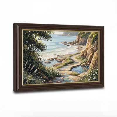 Tableau sur toile représentant un sentier côtier rocailleux avec des fleurs sauvages blanches