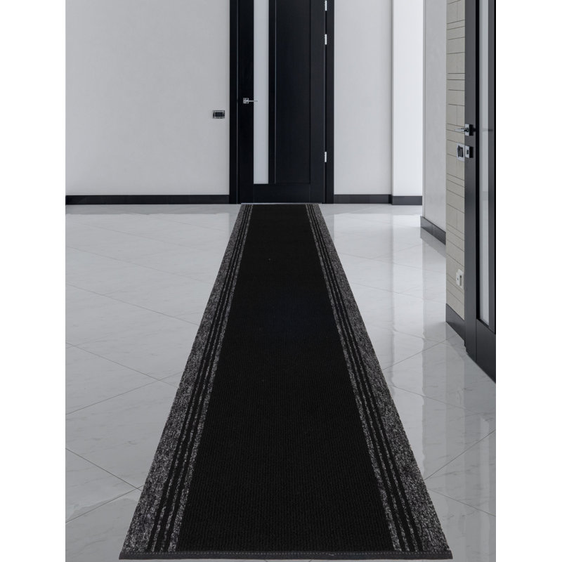 Custom Size Runner Rug Solid Border Black Berber Style Indoor/Outdoor Non Slip Latex Backing, Runner 2'2" x 5'