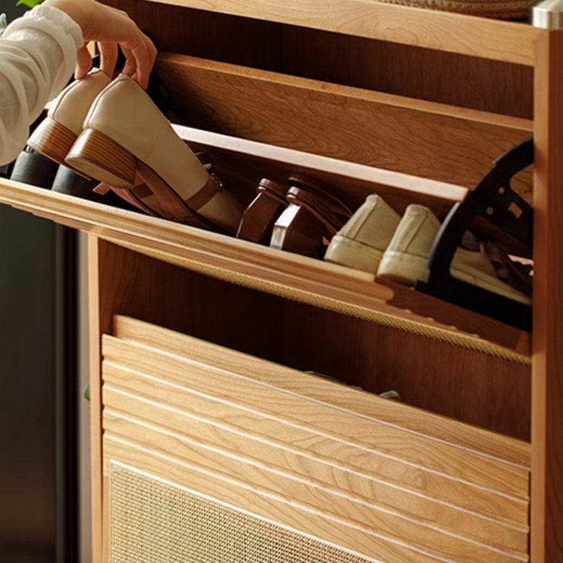 Solid Wood Rattan Super Thin Tipper Shoe Cabinet 24 Pair Shoe Storage Cabinet