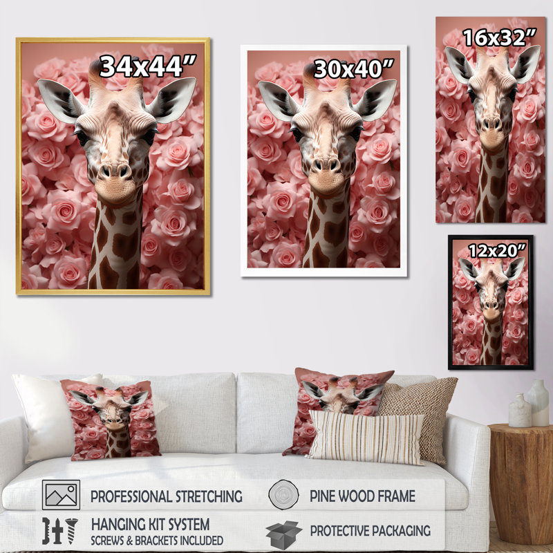 Girafe rose, position romantique II sur toile, Toile tendue, H 44 po x l 34 po x P 1,5 po