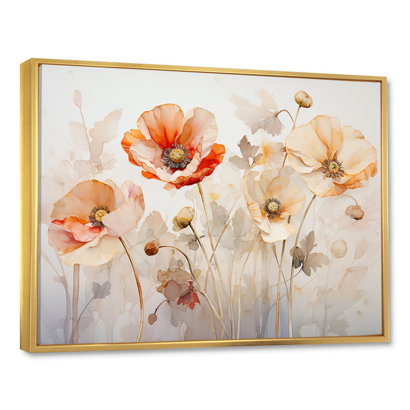 Beige, coquelicot, pré, mélodie IV, Cadre flottant doré, H 24 po x l 32 po