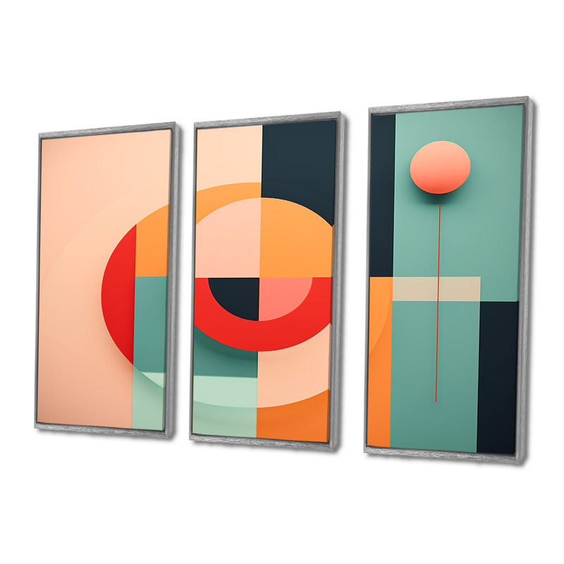 Ensemble de salon géométrique circulaire bleu pastel rose - Mid-Century, Encadrement argenté, H 40 po x l 60 po x P 1 po