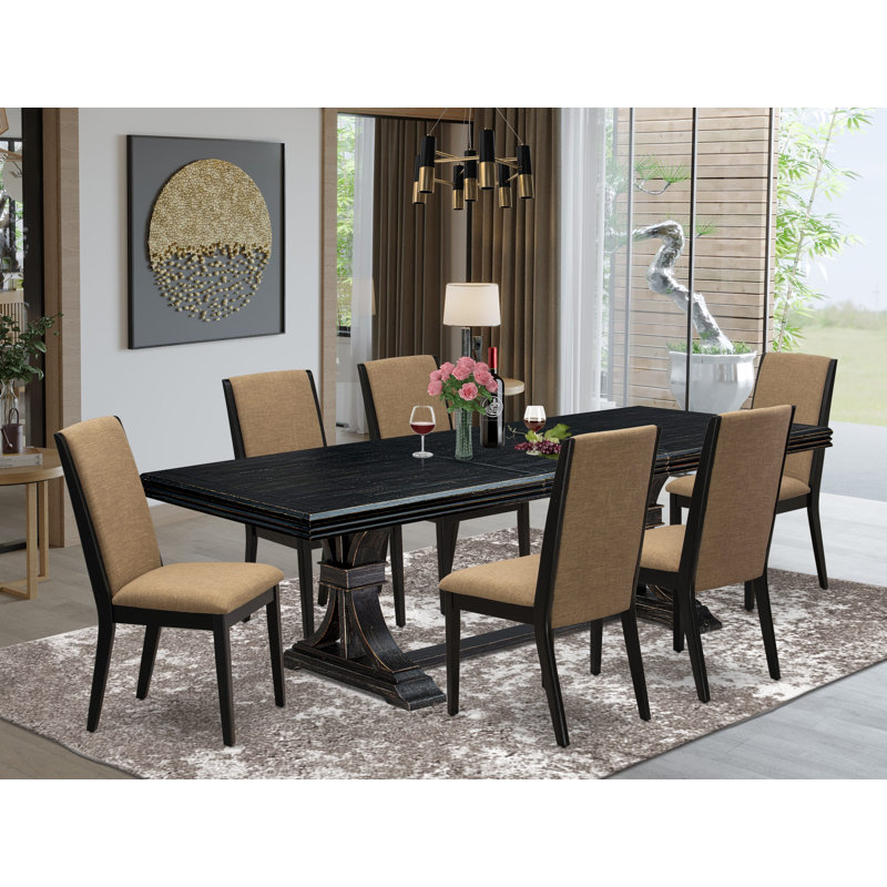 Ensemble de table de salle à manger moderne 7 pièces comprenant une table de cuisine rectangulaire et 6 chaises de salle à manger en tissu de lin sable clair avec pieds noirs - Finition sable