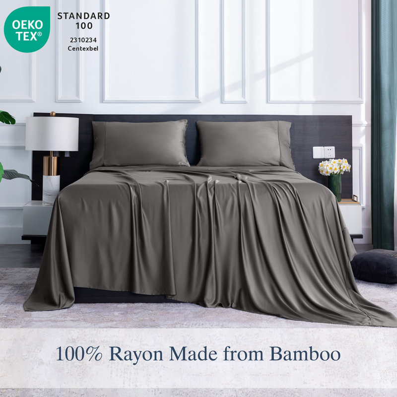Ensemble de draps 100% rayonne de bambou, draps doux et soyeux 16 po
rs, Ensemble de draps pour grand lit avec 2 taies d'or