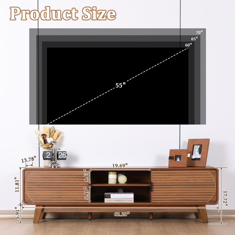 Alesha 62" Media Console, Fluted TV Stand with Storage, Brown