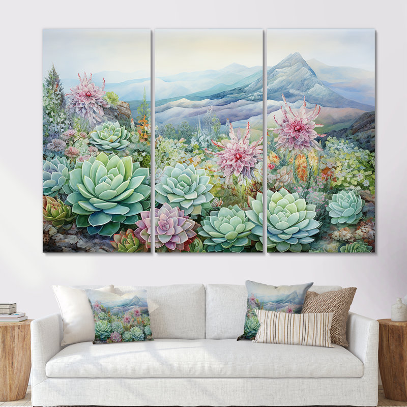 «Green Succulent Desert Charm» - ensemble de salon d'art mural, Toile tendue, H 40 po x l 60 po x P 1 po