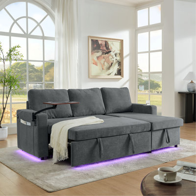 Modern Chenille Multi-Functional Pull-Out Bed Sofa With Retractable Table And LED Lighting, USB Charging Ports And Cup Holders, Gray