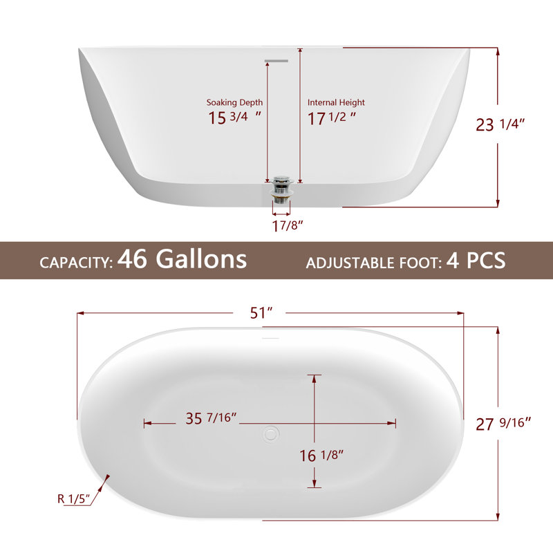 51'' x 28'' Soaking Acrylic Bathtub, White