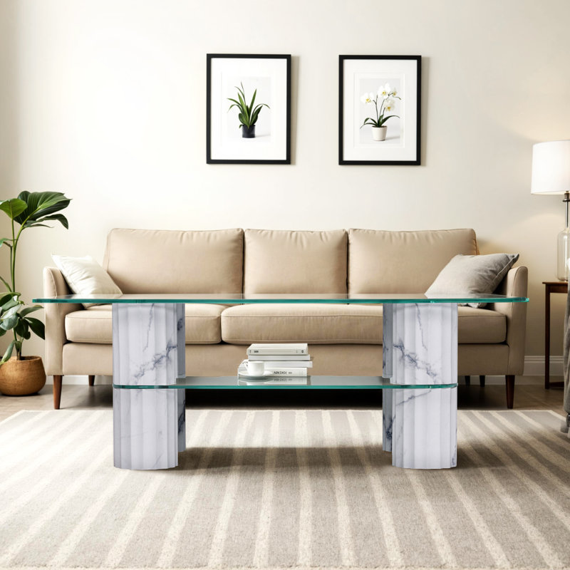 44"W×24"D Rectangular Coffee Table with Tempered Glass Top, Roma Stylish Legs, White